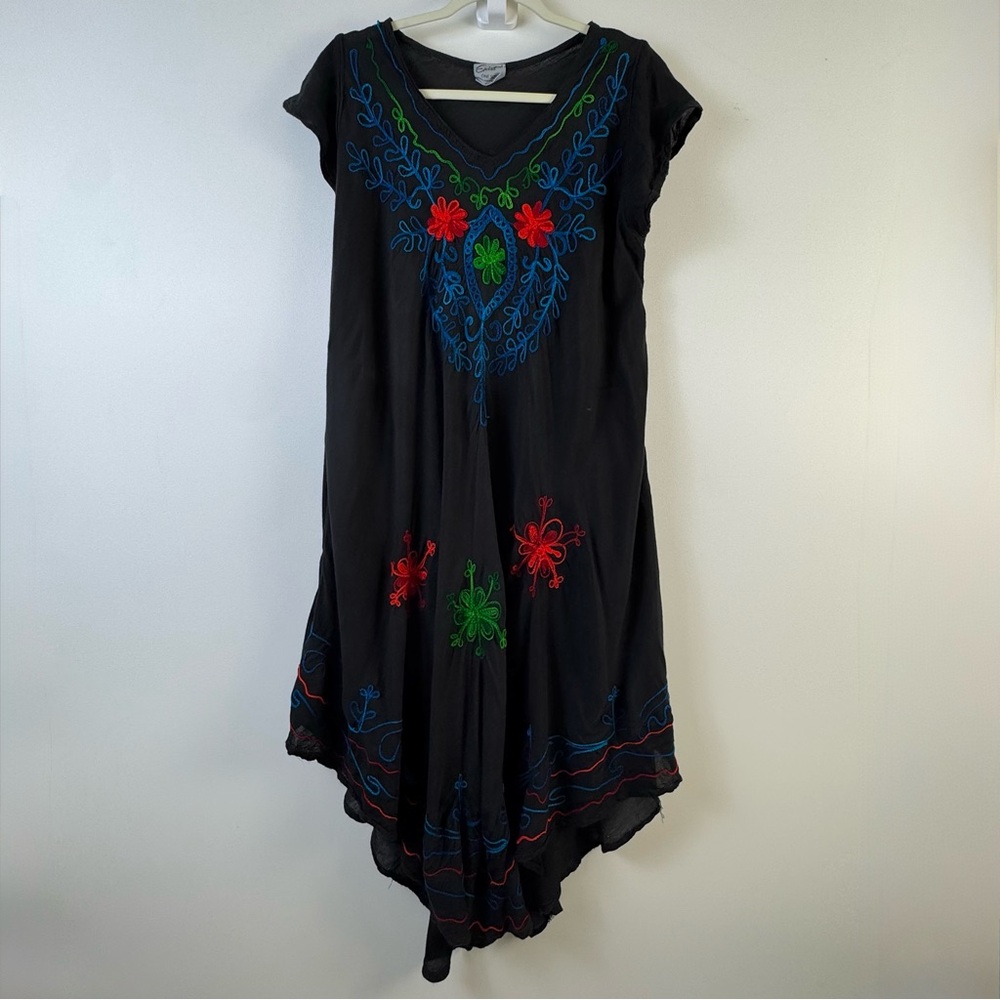 Boho Black Embroidered Handkerchief Hem Dress by Exist One Size O/S A-line Boho